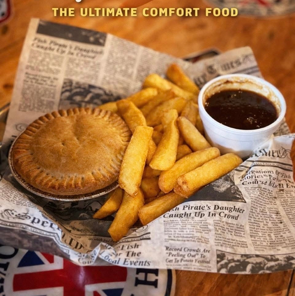 Traditional British steak pie and chips served at Clermont RC Complex