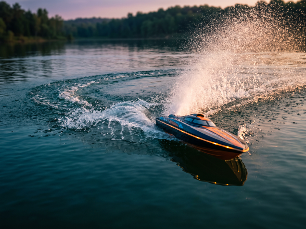 RC boat carving a turn on the lake at Clermont RC Complex