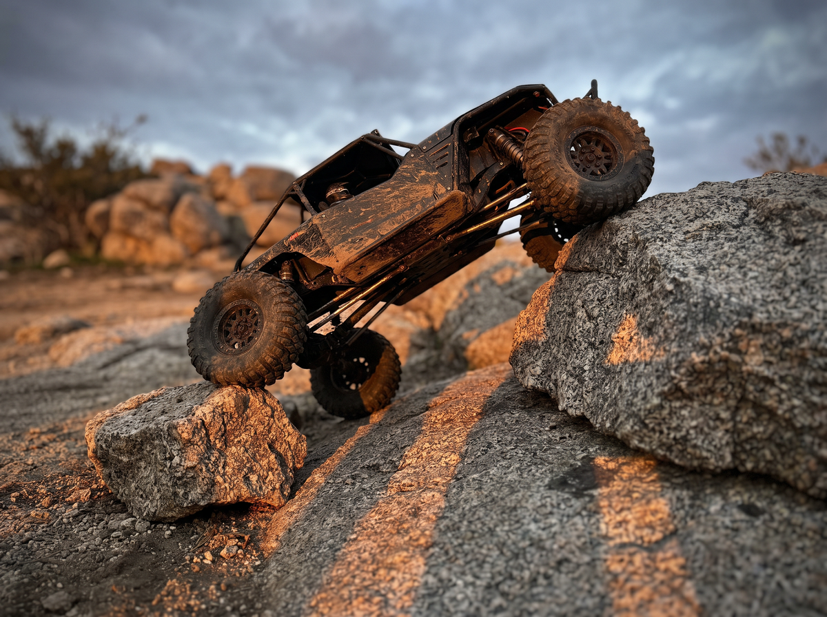 RC crawler articulating on granite boulders at Clermont RC Complex