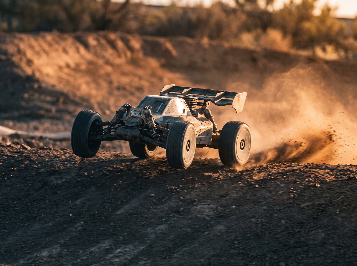 RC buggy mid-jump on the Clermont RC Complex off-road dirt track