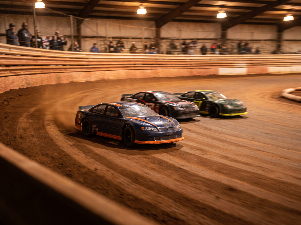 RC oval sedans drafting on the clay oval at Clermont RC Complex