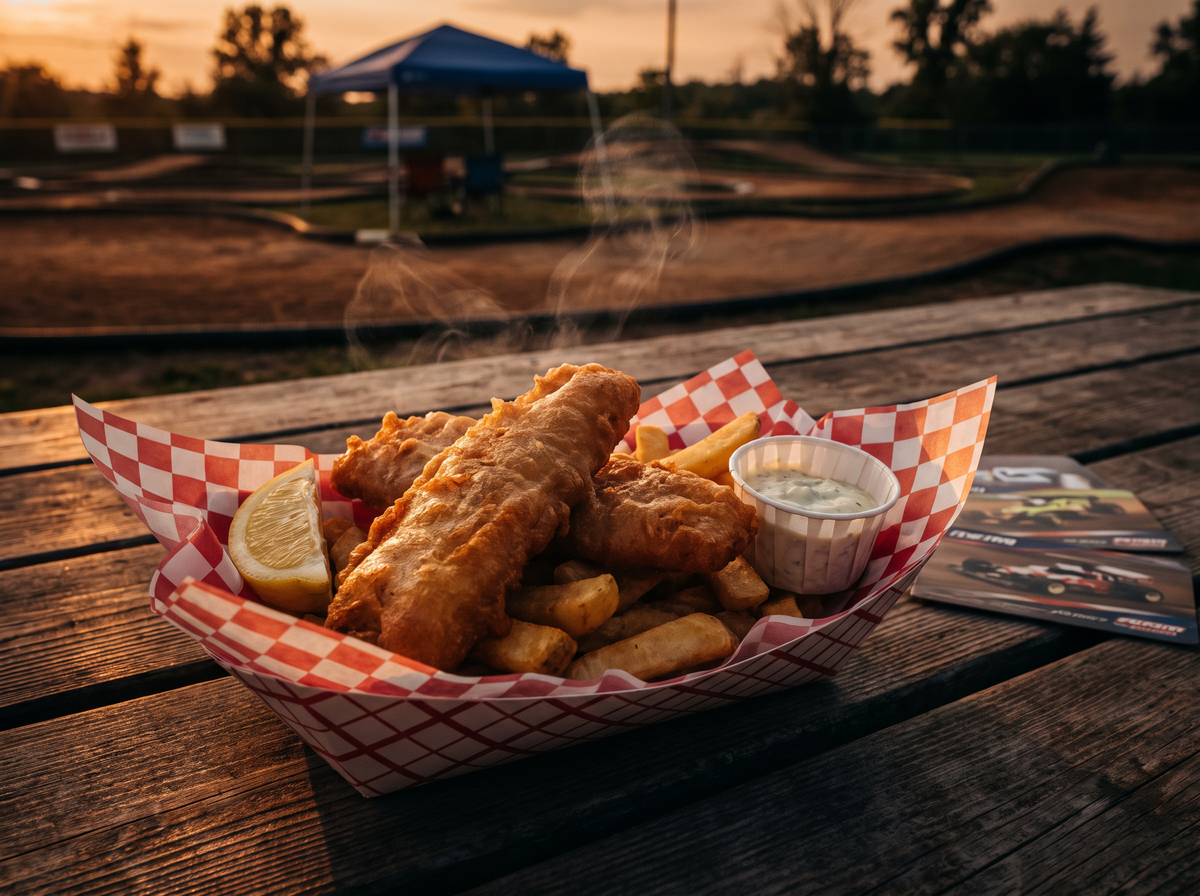 Golden battered British fish and chips served track-side at Clermont RC Complex