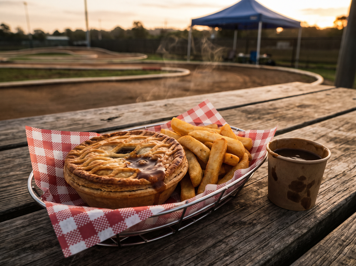 British steak pie and chips served track-side at Clermont RC Complex