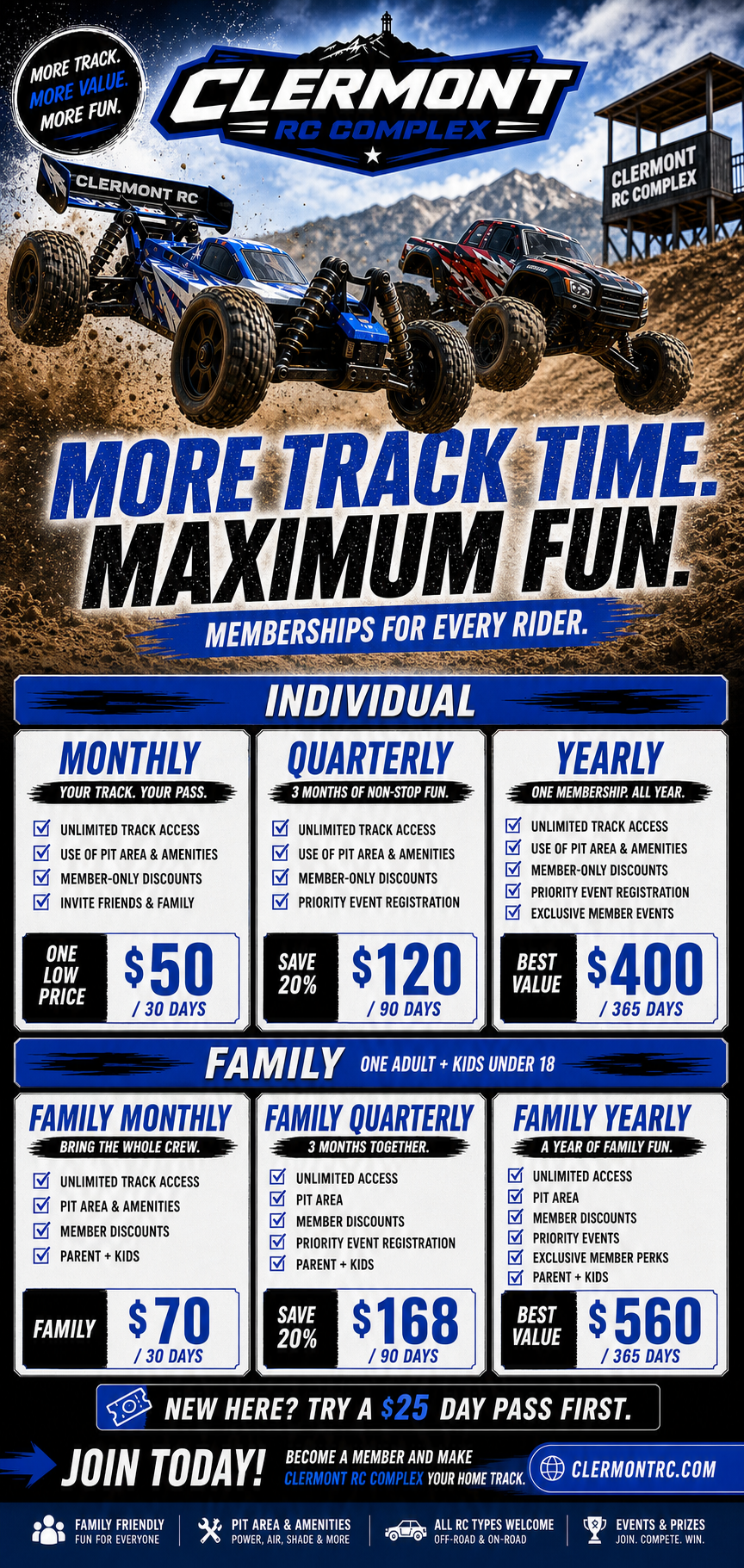 Clermont RC Complex memberships pricing — Individual and Family tiers with Day Pass callout