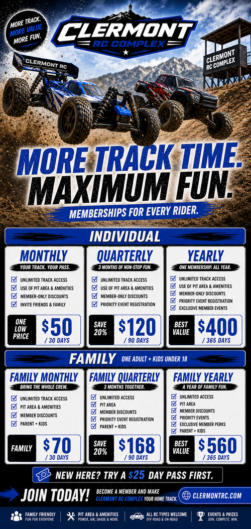 Clermont RC Complex memberships pricing — Individual and Family tiers with Day Pass callout