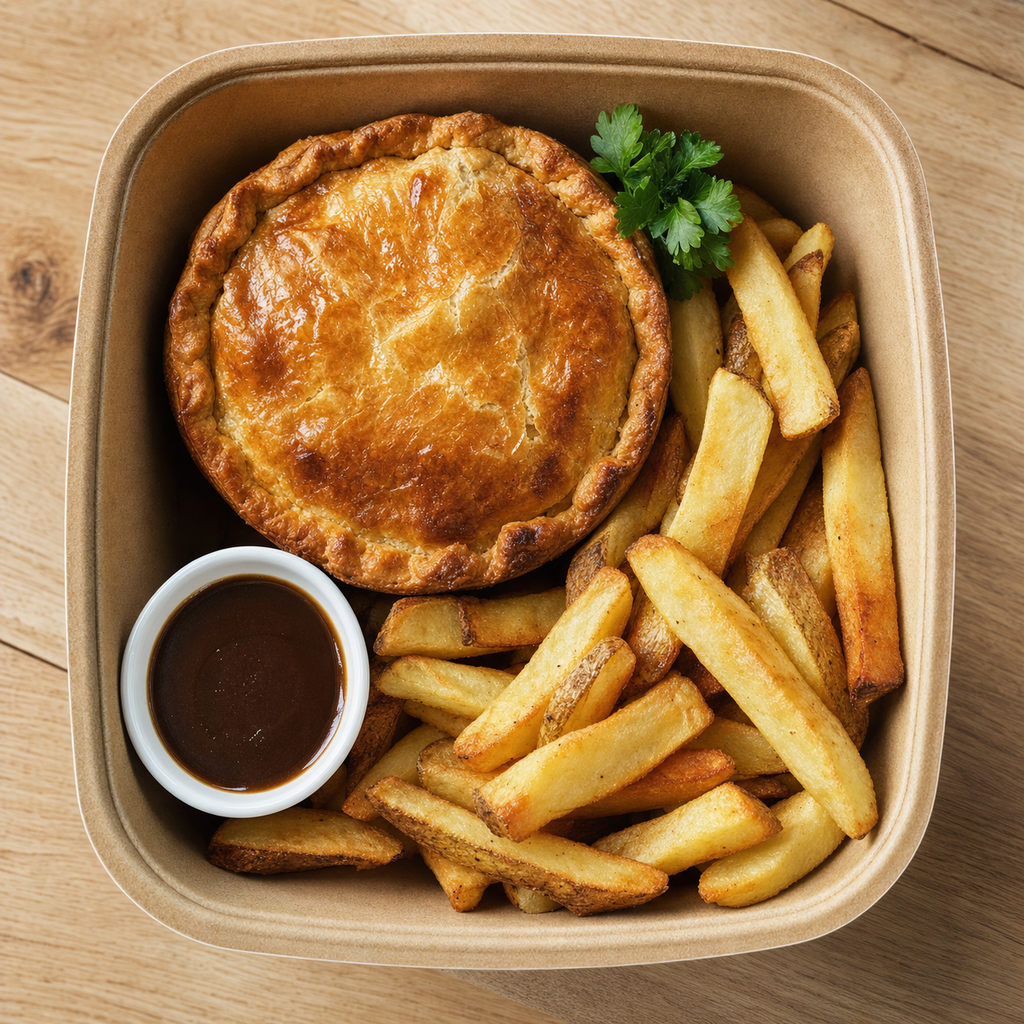 Steak pie and hand-cut chips with gravy, Clermont RC track-side food