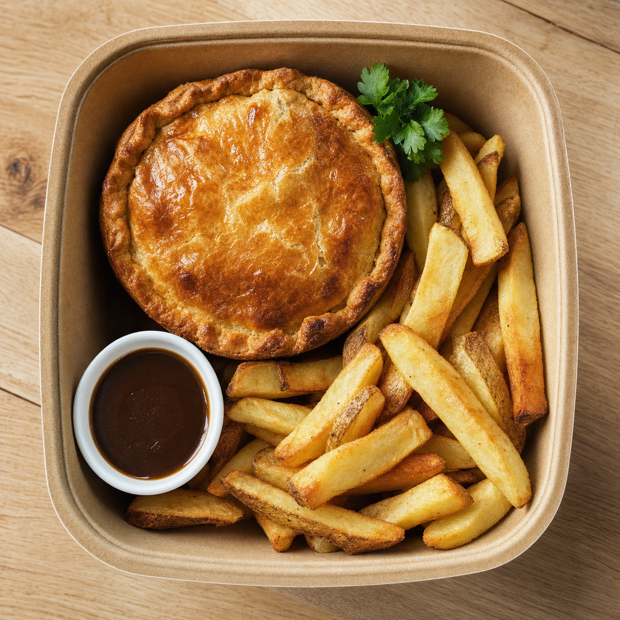 Steak pie and hand-cut chips with gravy, Clermont RC track-side food